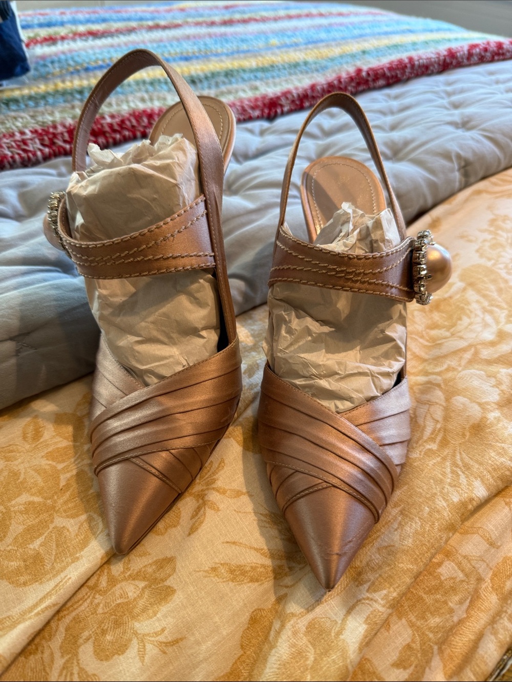 Miu Miu Metallic Rose Slingback Pointed-Toe Heels with Pearl Accent